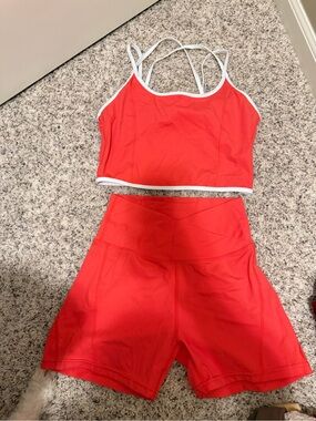 Red Active Crop Top & High-Waist Shorts Set - White Trim